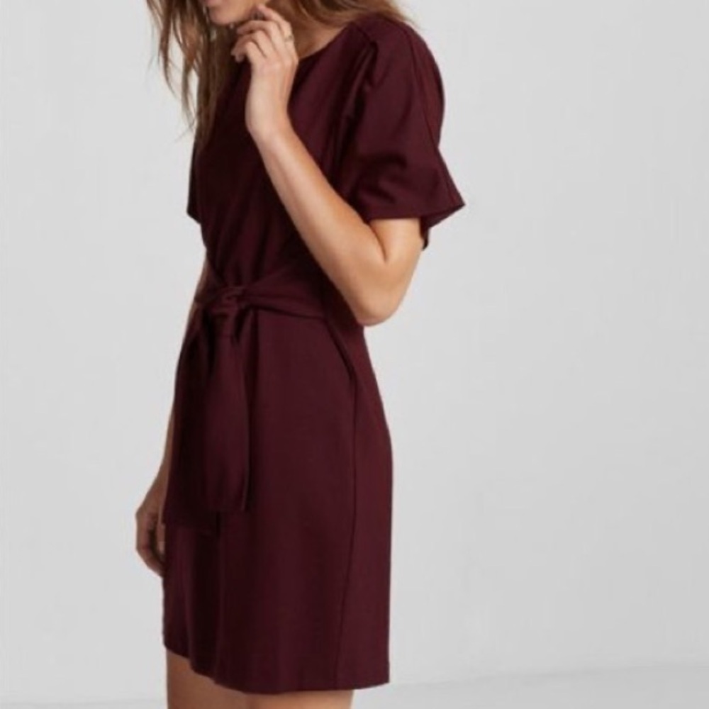 Express Women SZ L Plum Short Sleeve Front Tie Waist Belted Sheath Dress